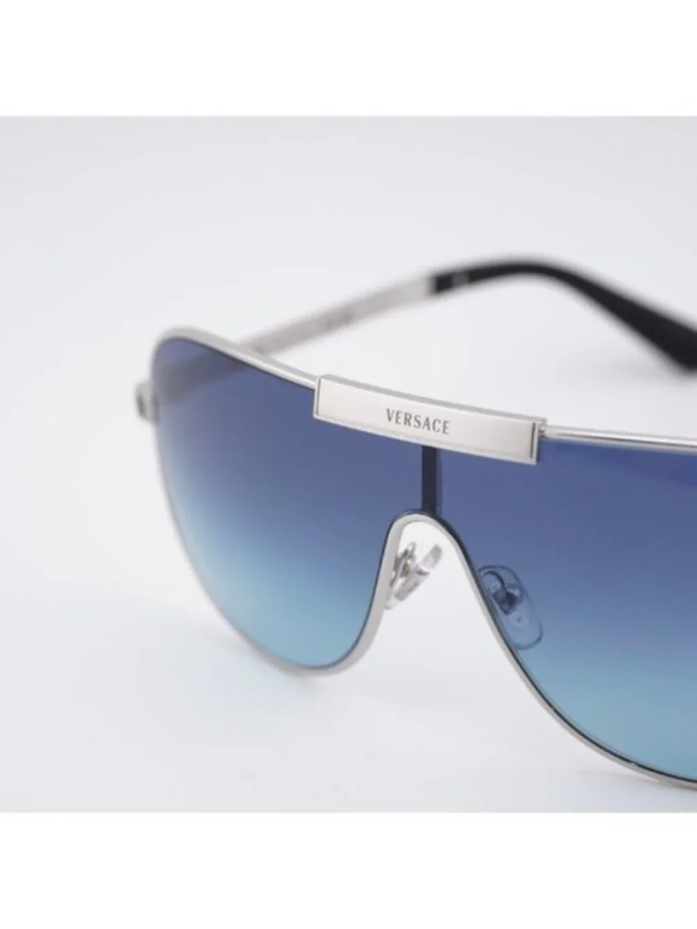 Versace VE2293 100019 Shield Sunglasses - Silver Shield Frame, Blue Lenses